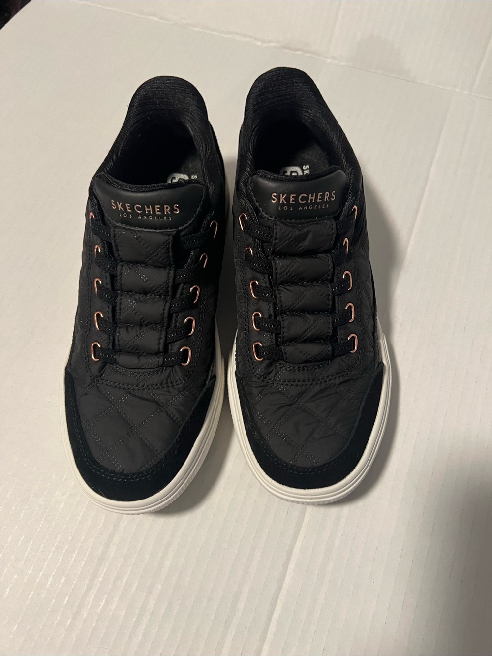 Skechers Black Quilted Slip-On Sneakers with Rose Gold Eyelets - Picture 3 of 3